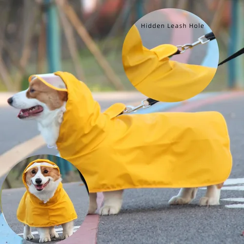 Vista 3 de Impermeable para perro, abrigo de lluvia reflectante ajustable con capucha, chaqueta de lluvia ligera para perro, poncho deslizante con agujero