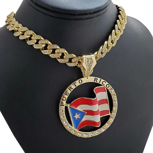 Vista 2 de Colgante de medalla de la bandera de Puerto Rico chapado en oro y 0512in 16 18 20 24 cadena cubana helada Bling Hip Hop collar