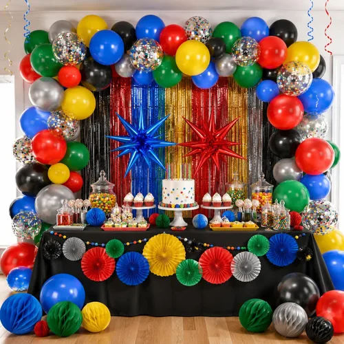 Vista 5 de Globos negros y rojos amarillos azules, globos de confeti de 12 pulgadas negros rojos amarillos azules verdes plateados metálicos con globo