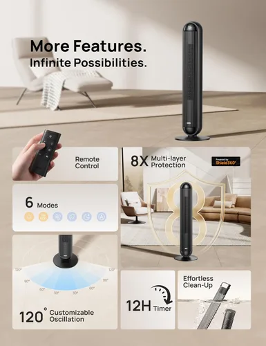 Vista 7 de Dreo Combo de ventilador de torre y calentador, ventiladores de pie de 29.2 pies/s para dormitorio, 17 niveles, 6 modos, oscilación de 120°, 42