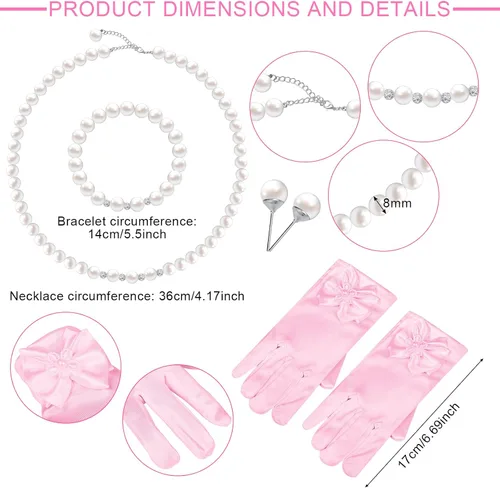 Vista 2 de Junkin 5 Pcs Little Girls Gloves Hats Necklace Bracelet Earring Jewelry for Girls First Communion Wedding Tea Party Supplies