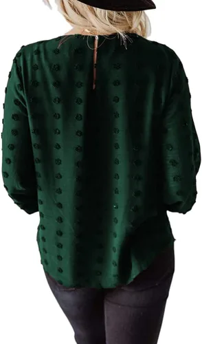 Vista 2 de Blusa de gasa para mujer, diseño de lunares suizos, casual, cuello redondo, manga larga, pompones, espalda con abertura de cerradura