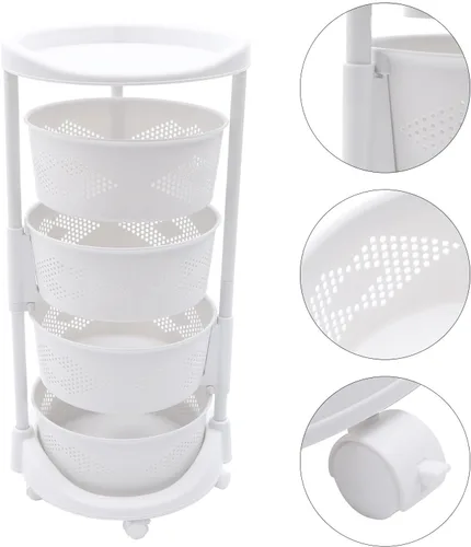 Vista 4 de Cesta giratoria de almacenamiento de frutas de 4 niveles, estante de almacenamiento giratorio para cocina, cesta de frutas con ruedas para frutas