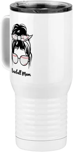 Vista 3 de Just So Posh Vaso de béisbol para mamá, taza de café de viaje con asa y tapa deslizante, color blanco de 20 onzas, color camello polar, acero