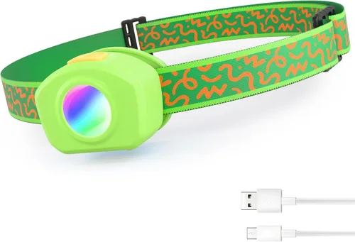 Vista 13 de EverBrite Linterna frontal LED recargable para niños con modo RGB y diadema ajustable, 3 modos multicolor para acampar, leer, explorar, Halloween