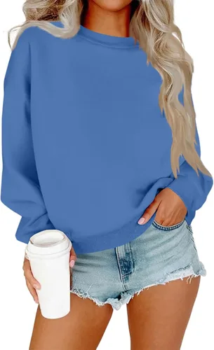 Vista 20 de Sudadera de manga larga para mujer, sudaderas de gran tamaño, ajuste holgado, color liso, tallas S-2XL