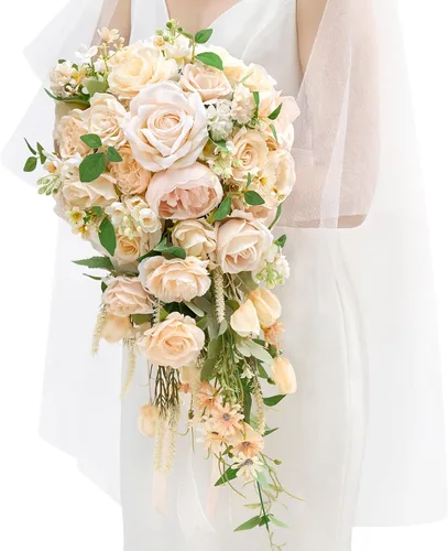 Vista 19 de Serwalin Ramos de boda de 9.8 pulgadas para novia y dama de honor, peonías rosa empolvado, ramos de flores de novia para boda, ramo de lanzamiento
