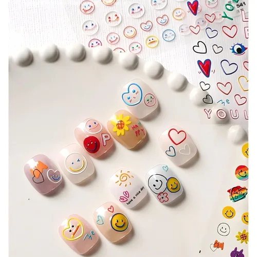 Vista 11 de Dedyel Calcomanías de uñas de sonrisa, lindas calcomanías de uñas de dibujos animados 5D en relieve de cara sonriente, calcomanías de uñas Kawaii