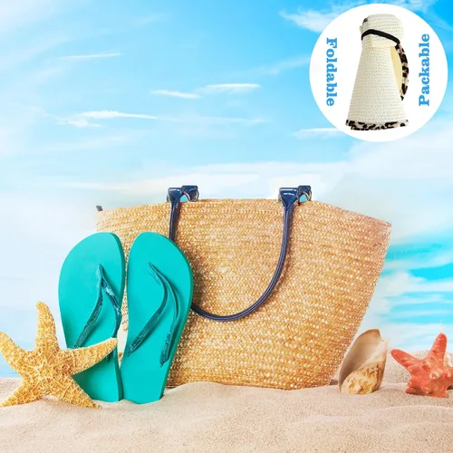 Vista 6 de Sombrero de paja con protección UV, visera de playa, sombrero de ala ancha, estampado de leopardo, enrollable, plegable para mujer