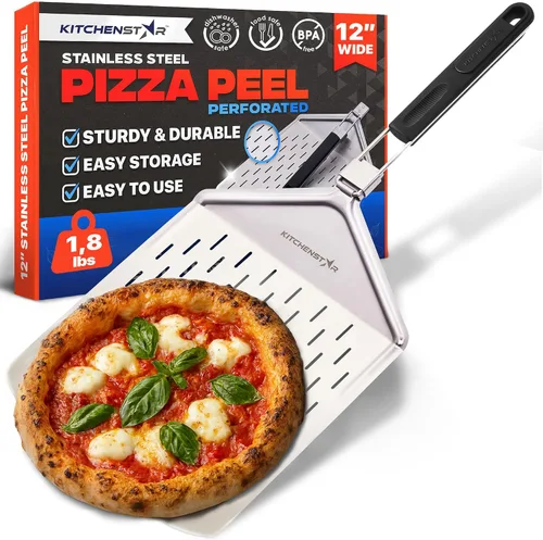 Vista 8 de KitchenStar Pala de pizza de metal de 12 pulgadas con mango plegable, paleta de espátula de acero inoxidable para transferencia de pizza sin
