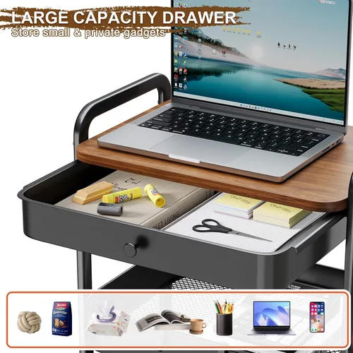 Vista 9 de Carrito de metal de 3 niveles con mesa y cajones de madera, carrito de almacenamiento negro sobre ruedas, organizador de carritos de arte de tres