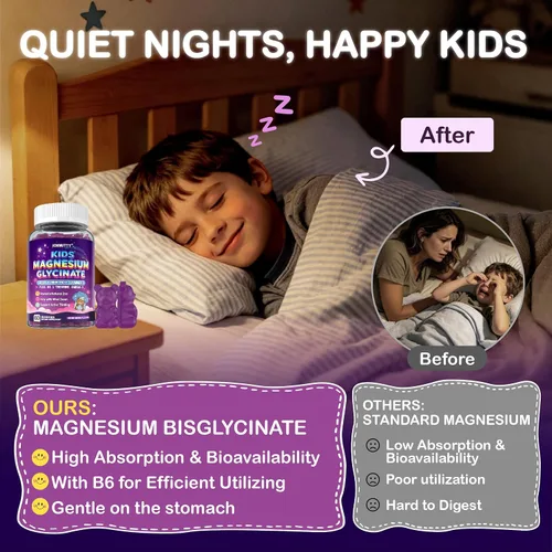 Vista 4 de Gomitas de magnesio para niños – Suplemento masticable de glicinato de magnesio con L-teanina, vitamina B6, fosfatidiserina y omega para niños Zzz
