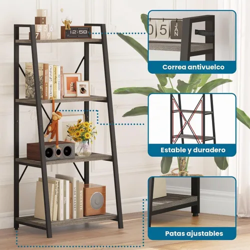 Vista 3 de BON AUGURE - Estantería de escalera, estante de 4 niveles, estantería de madera inclinada para libros para sala de estar, dormitorio, unidad