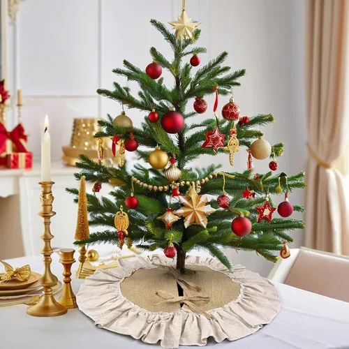 Vista 7 de Mini Falda de Arpillera para Árbol de Navidad con Borde con Volantes, Decoraciones para Árbol de Navidad Pequeño de 24 Pulgadas Ornamentos para Mesa