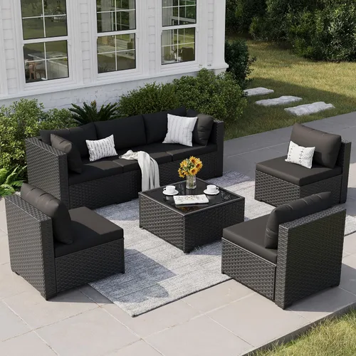 Vista 20 de Juego de muebles de patio, sofá seccional de mimbre para exteriores Beige/Negro