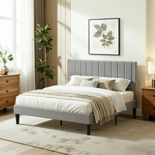 Vista 7 de Base de cama tapizada de terciopelo tamaño Queen con cabecero, listones de madera fuertes, somier opcional, base de colchón, fácil montaje, gris