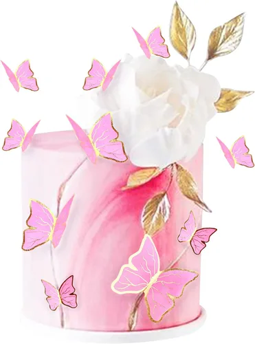 Vista 20 de 38 bolas de oro rosa para decoración de tartas, flores artificiales rosadas, decoraciones de pasteles de mariposa para decoración de pasteles