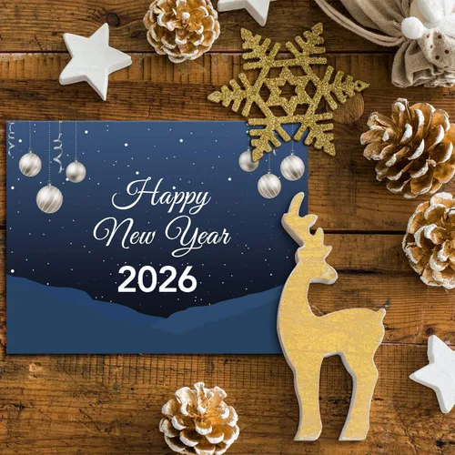 Vista 3 de Tarjetas de felicitación de feliz año nuevo 2026 – Nochebuena azul nevada de invierno, Navidad, Año Nuevo, vacaciones, saludos, invitaciones