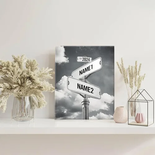 Vista 2 de Impresiones en lienzo personalizadas: letrero de calle Crossroads para parejas, arte de pared, nombres y fechas, regalo personalizado, impresión