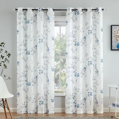 Vista 9 de Beauoop Juego de 2 cortinas semitransparentes de lino floral para sala de Clásico azul y gris