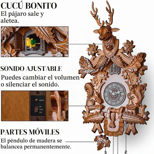 Vista 10 de Reloj de cuco con modo nocturno automático, cabeza de ciervo tallada a mano y decoraciones de madera (marrón)