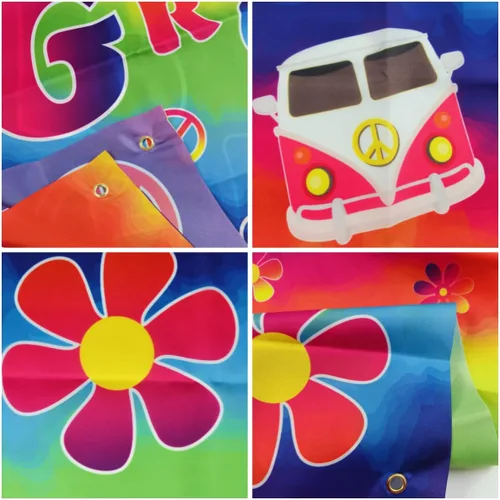 Vista 7 de Pancarta de fondos de amor con texto en inglés "Peace Groovy Love" de 70.8 x 35.4 pulgadas, cartel de decoración de fiesta de carnaval de los años