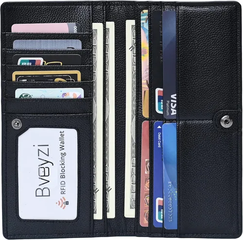 Vista 7 de Bveyzi Billeteras de cuero ultrafino con bloqueo RFID para tarjetas de crédito, billetera plegable para mujer