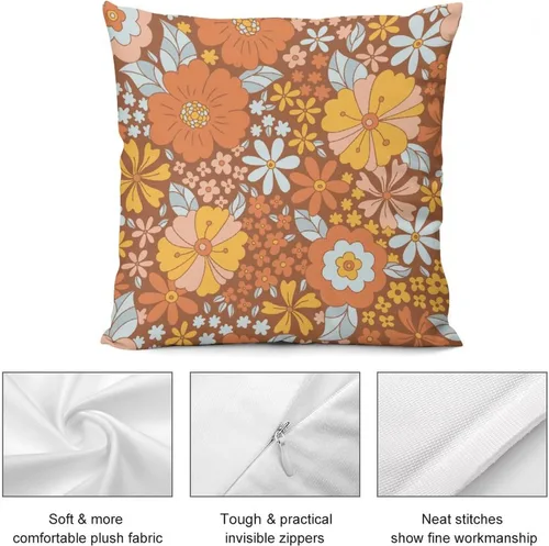Vista 8 de Juego de 2 fundas de almohada florales retro de los años 70, Groovy Funky Hippie Flor Naranja Estética Boho Fundas de Almohada de 16 x 16 pulgadas