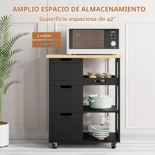 Vista 4 de SUNLEI Isla de Cocina con Carro de Almacenamiento, Carrito Rodante de Café Pequeño, Mesa de Corte de Madera, Microondas con 3 Cajones sobre Ruedas