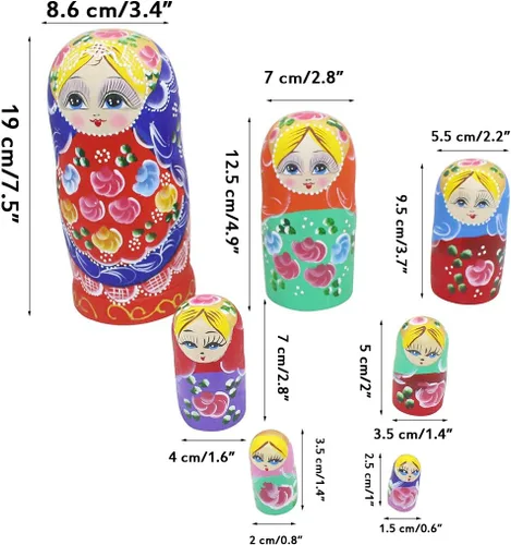 Vista 4 de Winterworm Juego de 7 piezas de hermosas muñecas de madera roja con bufanda azul tradicional rusa anidación muñecas Matryoshka juguetes regalo hogar