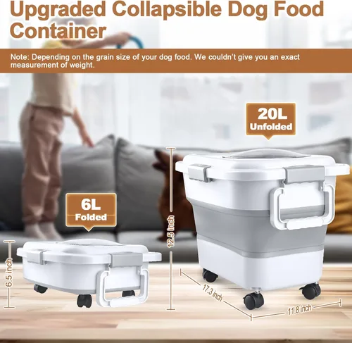 Vista 2 de Contenedor de almacenamiento de alimentos para perros, 10 a 20 libras, hermético, plegable, con ruedas acoplables, asa portátil, cuchara de comida