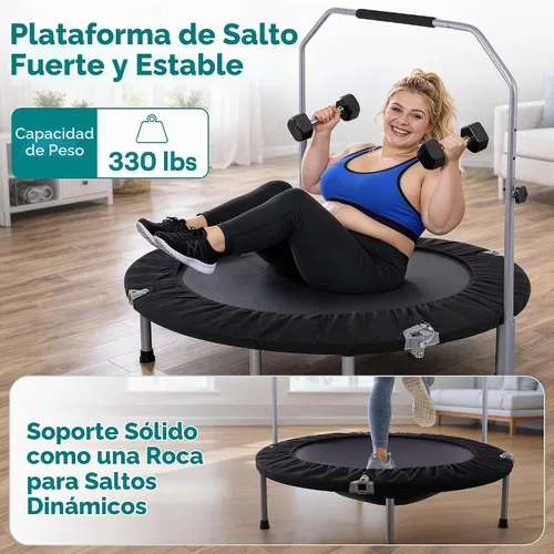 Vista 2 de SereneLife Mini trampolín plegable de 40 pulgadas para adultos, rebotador de fitness compacto con mango de espuma ajustable, trampolín de ejercicio