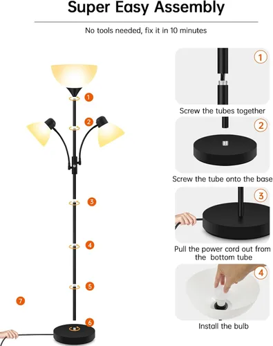 Vista 4 de Lámpara de Pie, Lámparas de Pie Torchiere para Sala de Estar, Lámpara de Pie Alta de 71 Pulgadas, Lámparas de Dormitorio con Luz de Lectura