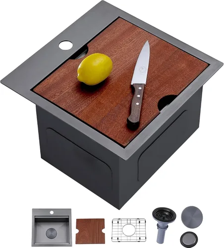 Vista 3 de IKEBANA Fregadero de barra negro de 15 x 15 pulgadas, fregadero de barra sumergible de acero inoxidable de calibre 16, montaje en la parte superior