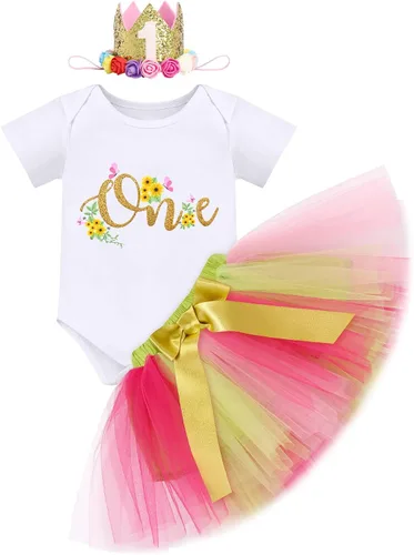 Vista 12 de ODASDO Conjunto de 3 piezas de mameluco de manga corta de algodón con estampado de flores, falda tutú, corona y diadema Rosa bebé