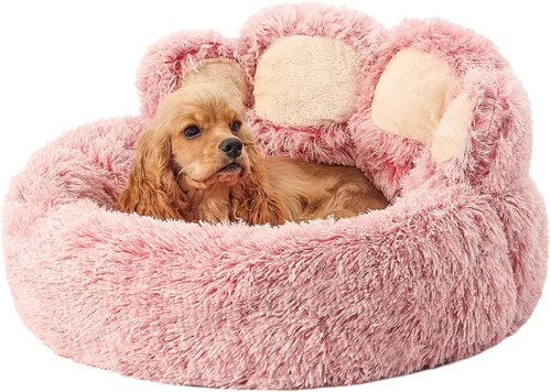 Vista 8 de Jiupety Cama calmante para mascotas en forma de pata, cama de felpa en forma de dona de piel sintética para perros y gatos, lavable a máquina, parte