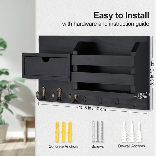 Vista 7 de Lwenki Organizador de llaves y correo de pared con cajón de almacenamiento, 100% madera de Paulownia, 7 ganchos de metal, decoración del hogar