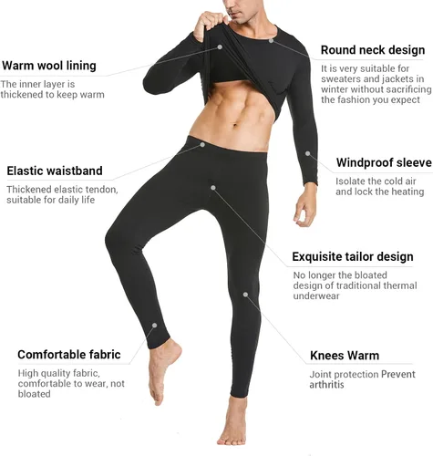 Vista 4 de PISIQI Ropa interior térmica para hombre ultra suave con capa base de forro polar para invierno esquí cálido Negro