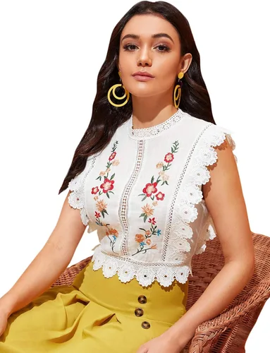 Vista 3 de Floerns - Blusa bordada, con encaje guipur, de cuello simulado, para mujer