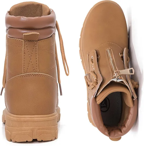 Vista 5 de Dadawen - Botines de trabajo estilo combate para mujer, con puntera redonda, al tobillo, impermeables, con cordones, tacón bajo