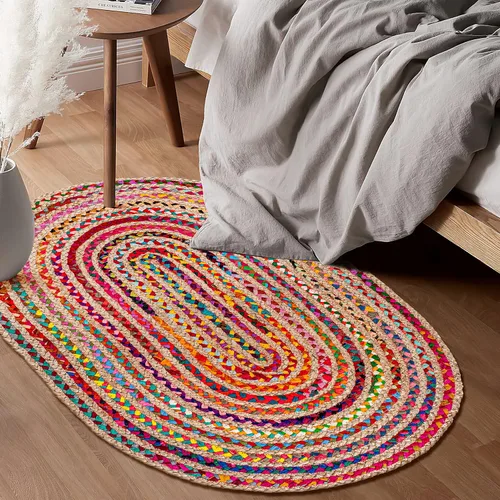Vista 6 de Savi Home Farmhouse - Alfombra Chindi de algodón de yute de 4 x 6 pulgadas, ovalada, multicolor, tejida a mano, alfombra trenzada para sala