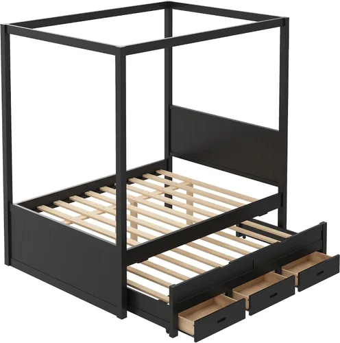 Vista 7 de Cama de plataforma con dosel de 4 pósteres de tamaño matrimonial con cabecero de listones verticales Negro-8.1