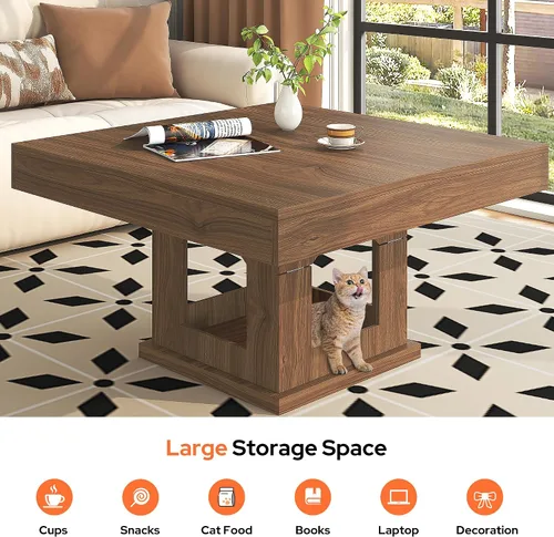 Vista 10 de [Usado] knoworld Mesa auxiliar cuadrada, mesa de centro de madera con almacenamiento y casa para gatos, mesa de cóctel marrón rústica para sala