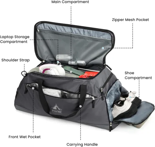 Vista 6 de G4Free Bolsa de gimnasio de 60 L, bolsa de lona de 3 vías con compartimento para zapatos y bolsillo húmedo para hombres y mujeres, mochila de lona