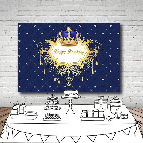 Vista 5 de Fondo de fotos de feliz cumpleaños azul y dorado para niño, corona de príncipe pequeño, decoración de fiesta, pancarta para fotografía de 7 x 5 pies