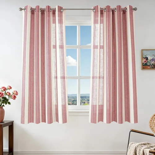 Vista 86 de DriftAway Cortinas de estilo granja con rayas verticales de lino mezclado texturizado con filtro de luz semitransparente para sala de estar