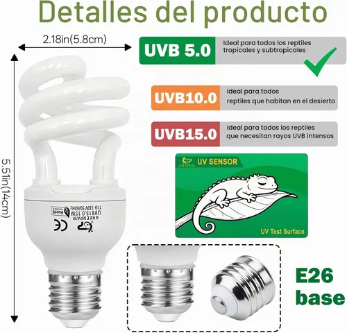 Vista 7 de Bombilla UVB de reptil 5.0 15W, base compacta de luz fluorescente