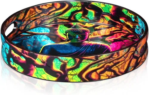 Vista 2 de Crocon Bandeja redonda decorativa para mesa de café, desayuno, Buda, bandeja otomana de MDF, multiusos, centros de mesa para comedor, decoración
