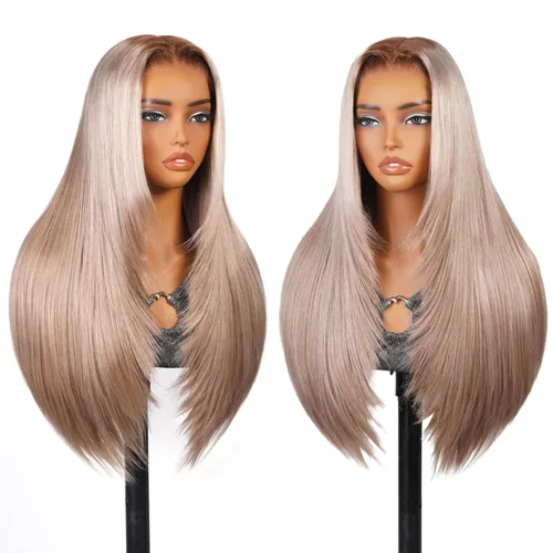 Vista 16 de TESLAL - Peluca de mezcla de cabello humano lacio rubio ceniza de encaje de 6 x 6 pulgadas, sin pegamento, 20 pulgadas Premium Fiber Blend Human