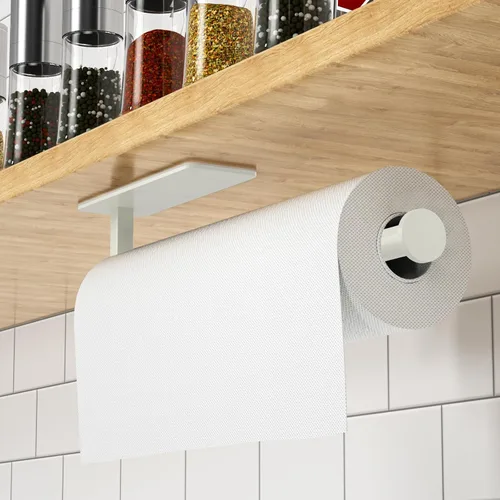 Vista 7 de ASTOFLI Soporte para toallas de papel blanco para montaje en pared, soporte para toallas de papel para debajo del gabinete, color blanco